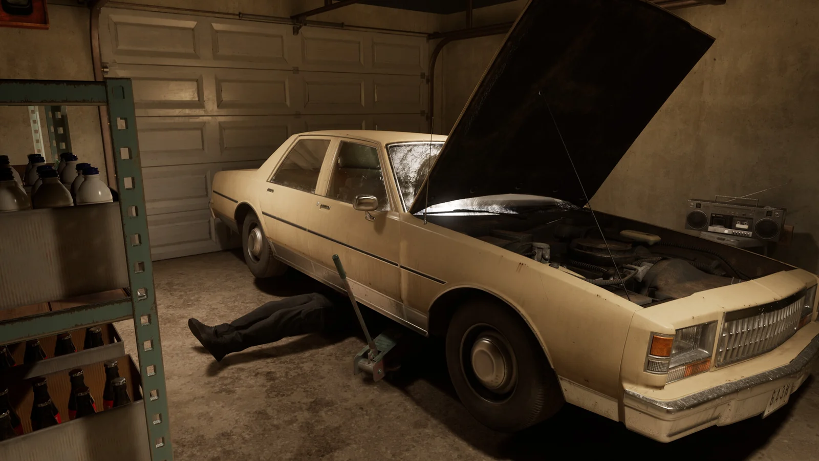 A car with its hood open inside the workshop