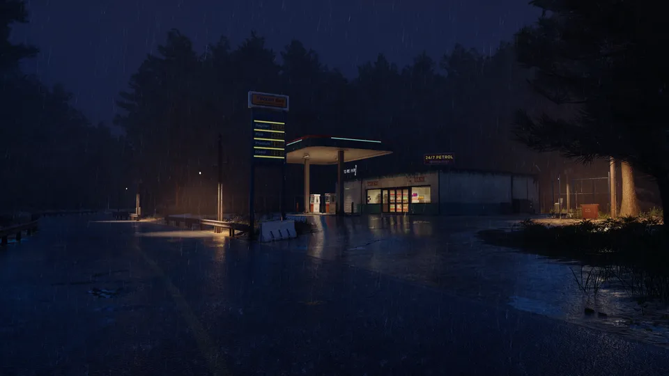 The gas station glowing through the rain at night