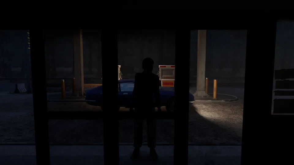 A silhouette stands outside the store's glass doors at night