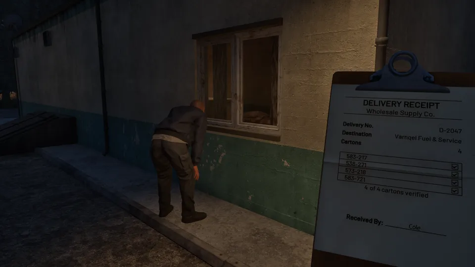 The delivery driver peers into a window while Cole holds the delivery receipt