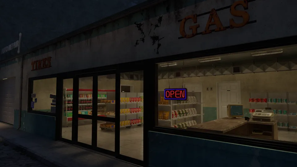The storefront at night with the OPEN sign lit