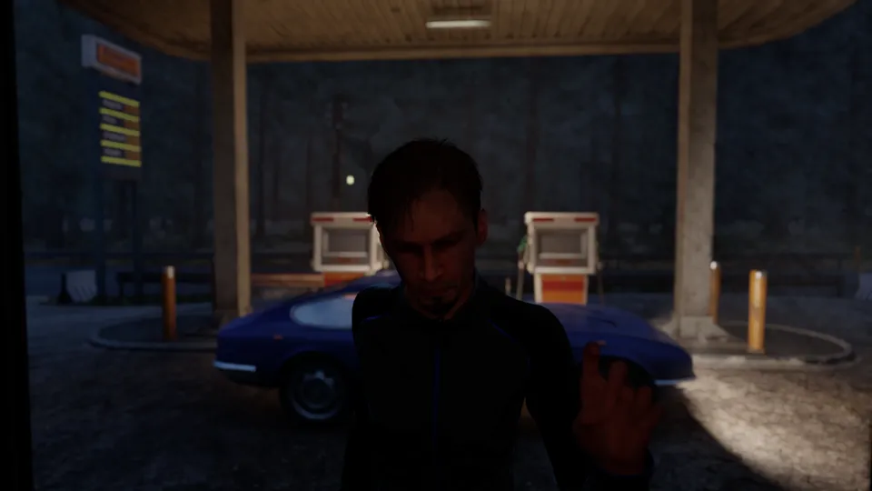 A stranger at the glass door under the canopy lights
