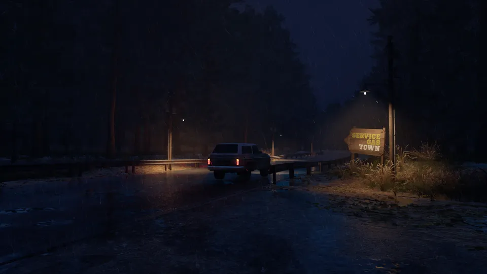 A car on the forest road by the gas station sign in the rain