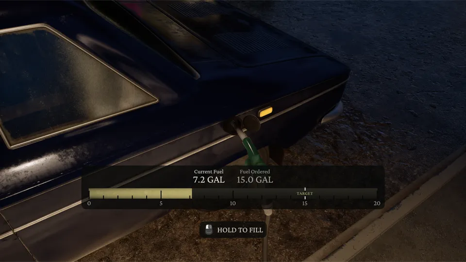 Refueling a car with the fuel gauge on screen