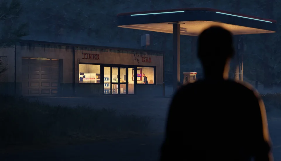 A figure in silhouette watches the lit gas station at night
