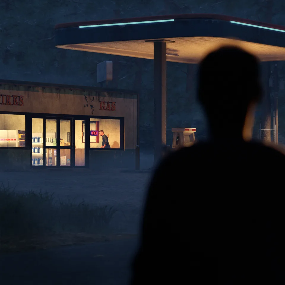 Square key art of the gas station at night