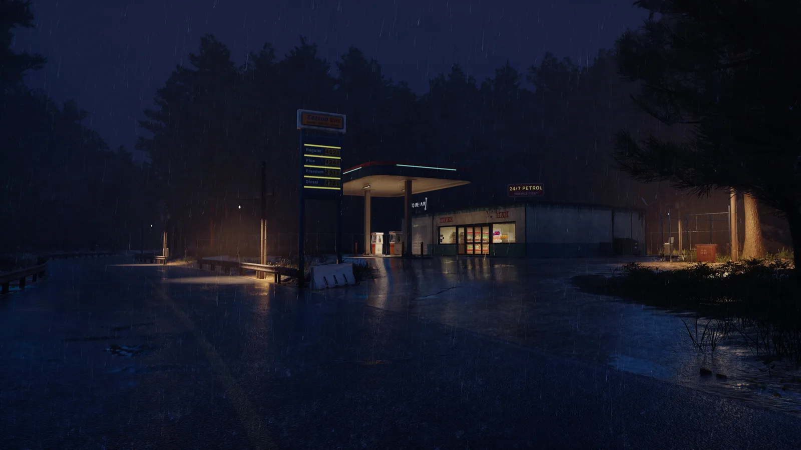 The gas station glowing through the rain at night