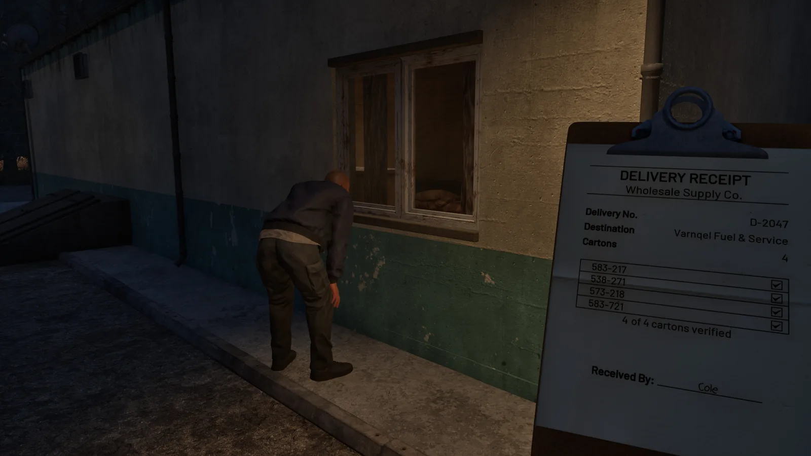 The delivery driver peers into a window while Cole holds the delivery receipt